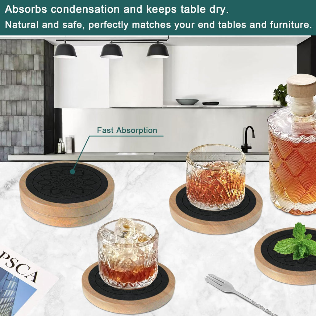 Wood Coasters for Drinks, Minacun Absorbent Coaster Sets of 5, Drinks Coasters for Coffee Tabletop Protection, Non-Slip, Non-Stick, Suitable for Kinds of Cups Wooden Table Drink, 4.3 Inches Black