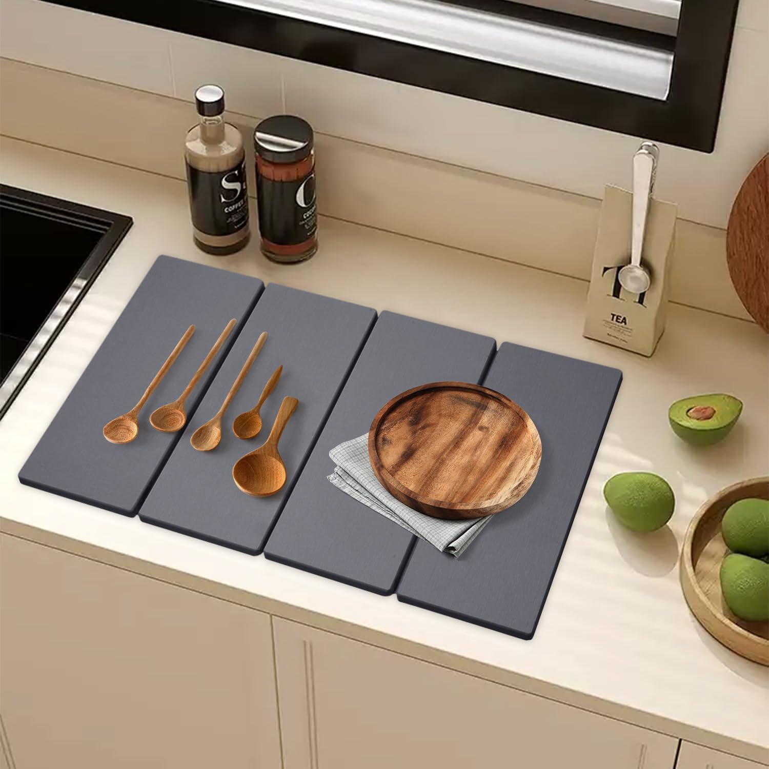 Large Dish Drying Mat for Kitchen Counter,24"×16"Fast Dry Pad Absorbent Countertop Mat, Heat-resistant Mat,Diatomaceous Earth Mats,Gray