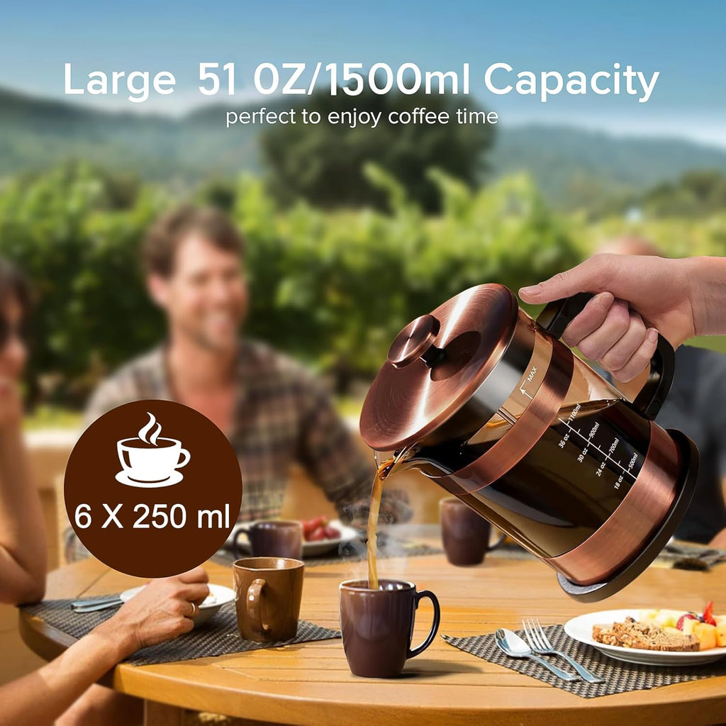 QUQIYSO French Press Coffee Maker 51oz 304 Stainless Steel French Press with 4 Filter, Heat Resistant Durable, Easy to Clean, Borosilicate Glass Coffee Press, Copper