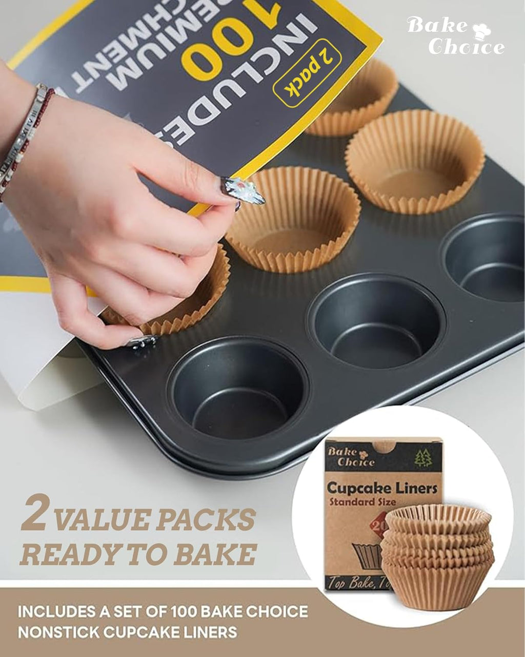 2 Pack Muffin Pan for Baking, Standard Cupcake Pan includes 100 Natural Cupcake Liners, Muffin Tin Nonstick 12 Cup, Baking Pans Set, Carbon Steel Baking Supplies