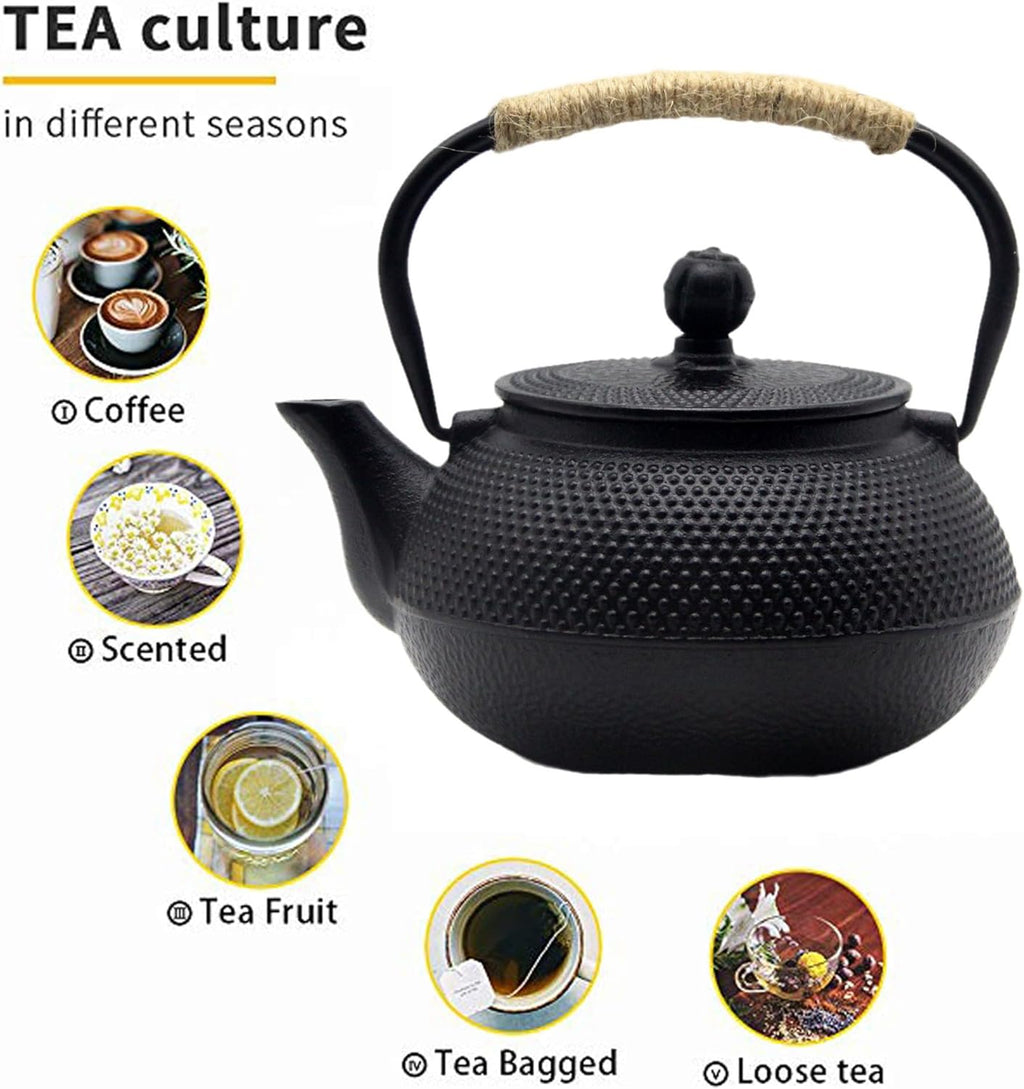 YJX Cast Iron Teapot Set with Cast Iron Warmer, Japanese Tetsubin Tea Kettle Set with Cups,Cast Iron Teapot with Stainless Steel Infuser and Enameled Interior(600ml Teapot Set Combination 1), Black