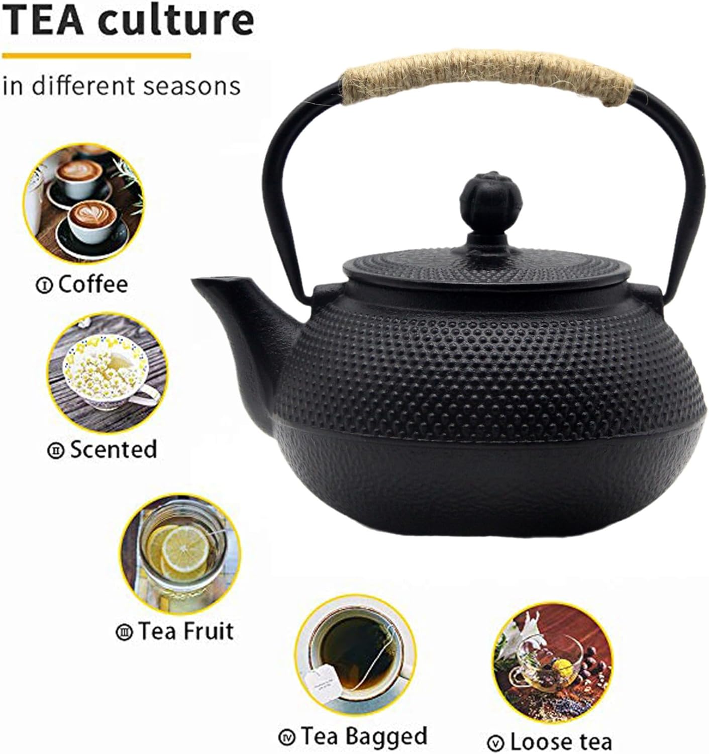YJX Cast Iron Teapot Set with Cast Iron Warmer, Japanese Tetsubin Tea Kettle Set with Cups,Cast Iron Teapot with Stainless Steel Infuser and Enameled Interior(600ml Teapot Set Combination 1), Black