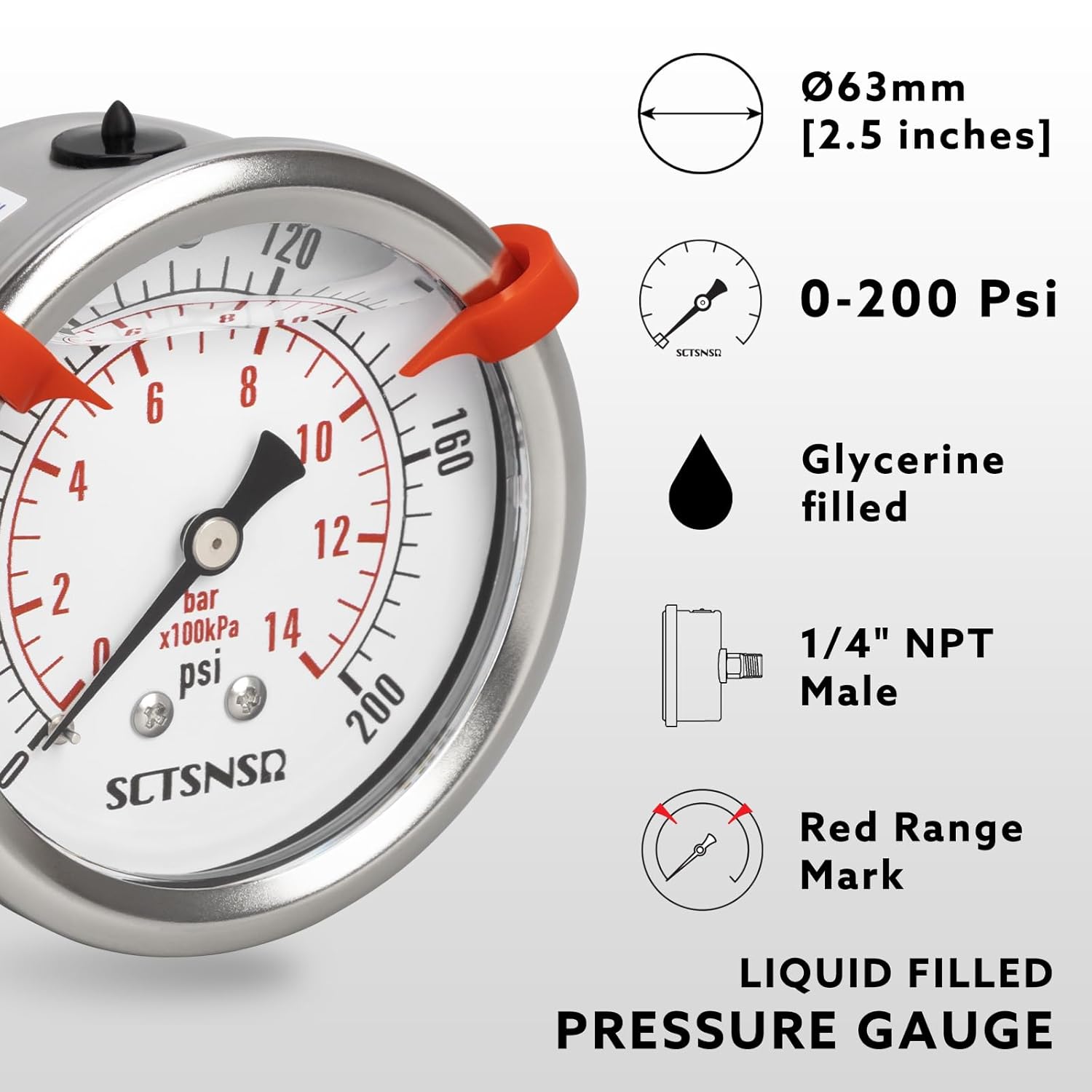 0 to 200 Psi Pressure Gauge, Glycerin Liquid Filled, 2.5 inch Dial, 1/4" NPT Back Mount, Stainless Steel Case, for Air Compressor, Shock, Water System, Well Pump, Tank, Pipe, Pressure Test