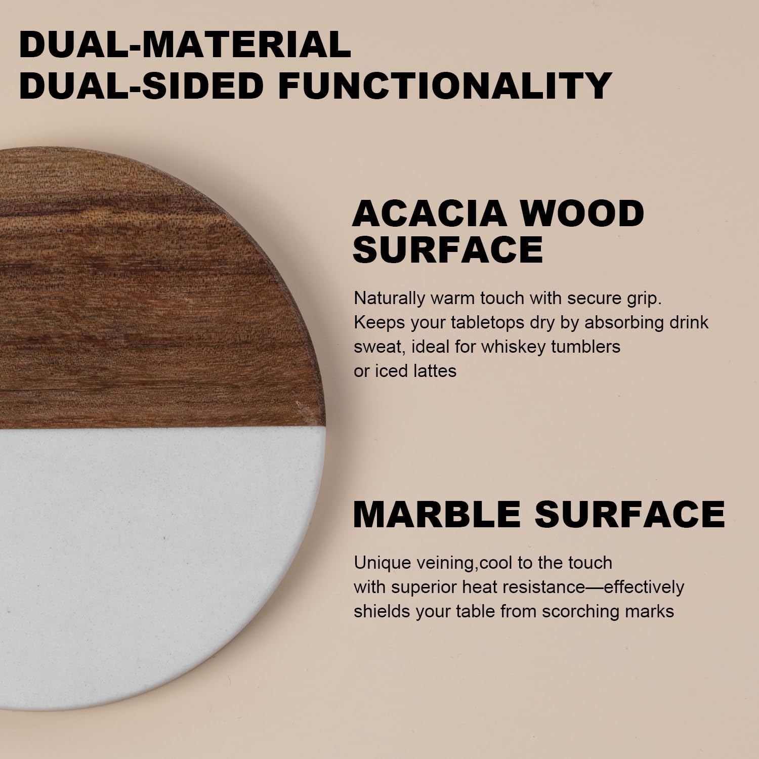 Marble Coasters: 4-Piece Set of Acacia Wood Marble Coasters, Suitable for Kitchens, Offices, and can be Used as Gifts (Round White)