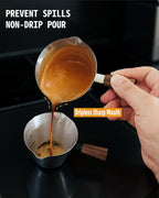 Stainless Steel Espresso Cup - Espresso Shot Cup with Wooden Handle -Measuring Cup with Double Spouts - 4.1OZ/120ML, Bright Silver