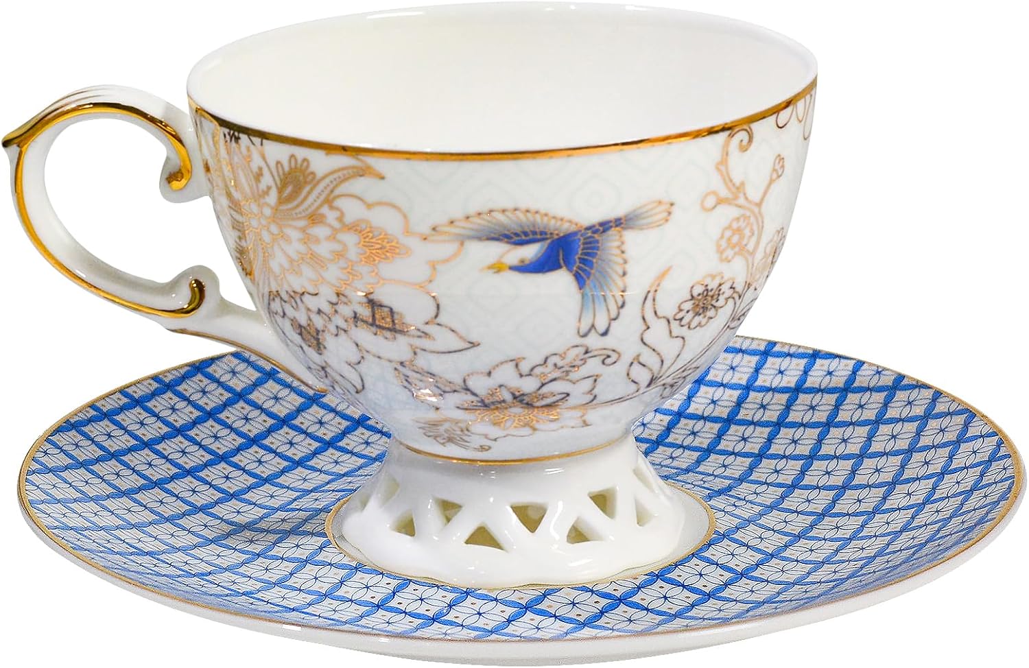 ACMLIFE Bone China Tea Cup and Saucer Set for 1, Vintage Floral Tea Cup with Saucer, Spoon and Gift Box, 6.8 oz (Blue B)