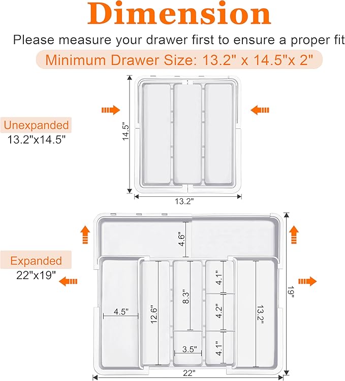 Large Utensil Drawer Organizer Expandable Silverware Organizer for Kitchen Drawer Adjustable Cooking Utensil Holder Cutlery Flatware Tray Spatula Tools Gadgets Storage Dividers Plastic White