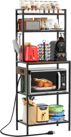 S1 Kitchen Bakers Rack with Power Outlet, Microwave Stand with Storage 5-Tiers, Freestanding Coffee Bar Table with 4 Hooks, Kitchen Storage Shelf 13" D x 22.9" W x 58.3" H, Rustic Brown