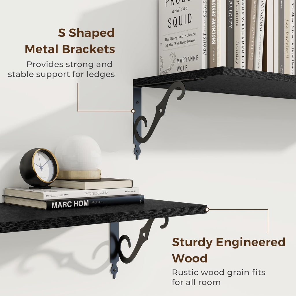 RICHFOCUS 12 Inch Deep Floating Shelves for Wall, 16" W x 12" D Black Wood Wall Shelves Set of 2, Wide Floating Shelves for Living Room, Bedroom, Kitchen, Bathroom and Decor Storage, Black