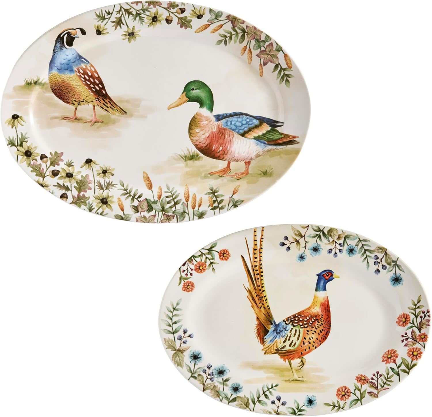 Bico Autumn Birds 16 plus 14 inch Oval Platters Set, Set of 2, Microwave and Dishwasher Safe, for Serving Fish, Chicken, Turkey