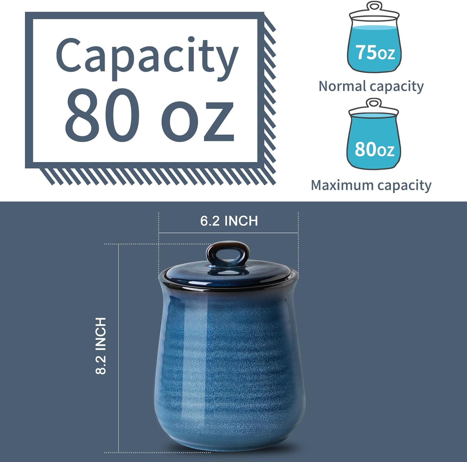 Hasense Ceramic Coffee Container with Airtight Lid, Candy Canister for Countertop, 80 FL OZ Large Food Storage Jar for Sugar,Tea,Flour,Spice,Salt,Cookies,Candy,Treat,Snack,Treats (Blue)