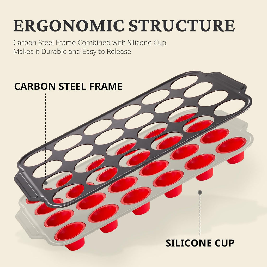 BRONYPRO Silicone Mini Muffin Pan with Metal Frame, Egg Bite Molds for Baking for Baking, Cupcake Pans 24 Regular Size, Muffin Tins Easy to Pop Nonstick Non Toxic Bakeware for Oven,Red
