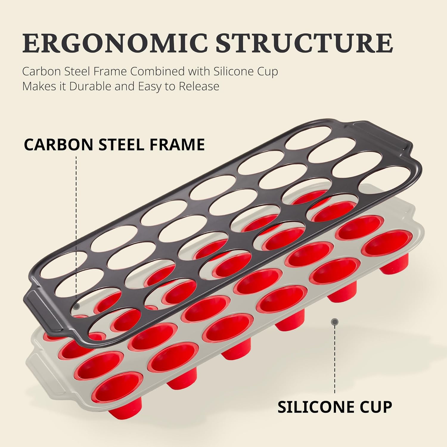 BRONYPRO Silicone Mini Muffin Pan with Metal Frame, Egg Bite Molds for Baking for Baking, Cupcake Pans 24 Regular Size, Muffin Tins Easy to Pop Nonstick Non Toxic Bakeware for Oven,Red