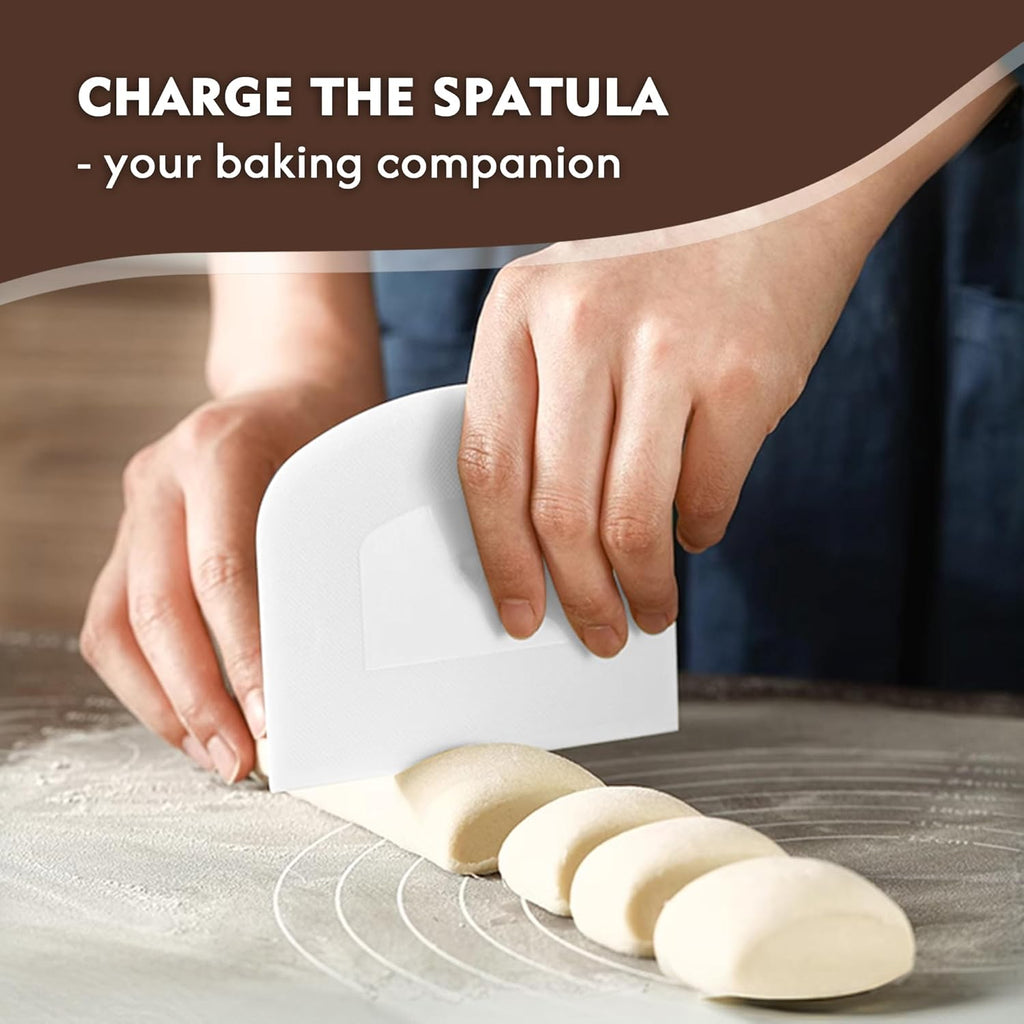 3-Cup Flour Sifter for Baking, Stainless Steel One-Hand Press Sifter with Double-Layer Fine Mesh - Includes Bonus Dough Scraper/Cutter for Bread & Pastry (White)