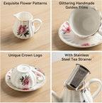 Porcelain Tea Sets British Royal Series, 8 OZ Cups & Saucer Service for 6, with Teapot Sugar Bowl Cream Pitcher Teaspoons and Tea Strainer, Suitable for High Tea, Wedding, Party