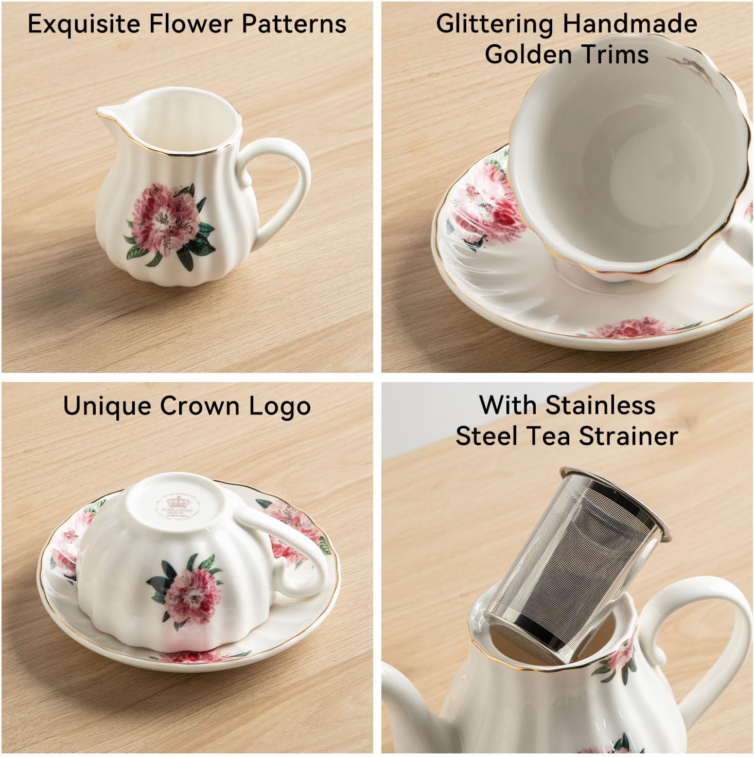 Porcelain Tea Sets British Royal Series, 8 OZ Cups & Saucer Service for 6, with Teapot Sugar Bowl Cream Pitcher Teaspoons and Tea Strainer, Suitable for High Tea, Wedding, Party