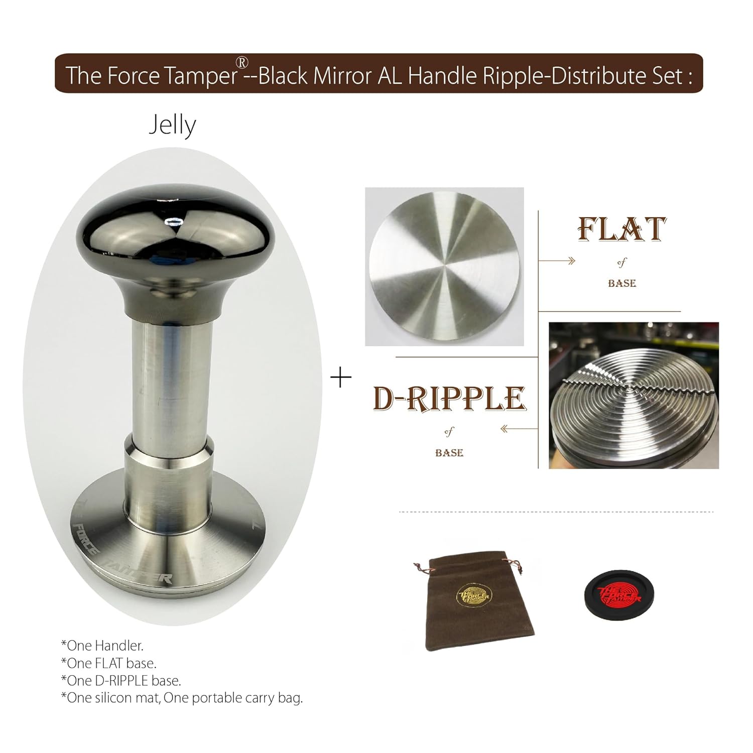 The Force Tamper Automatic Impact Adjustable Constant Pressure and Autoleveling Coffee Tamper Black Mirror Jellyfish AL Handle Set Pro (Ripple-Distribute, 58.50mm)