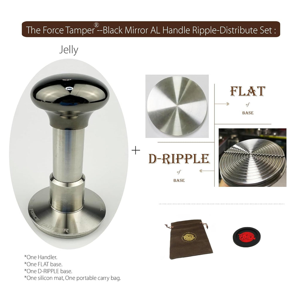 The Force Tamper Automatic Impact Adjustable Constant Pressure and Autoleveling Coffee Tamper Black Mirror Jellyfish AL Handle Set Pro (Ripple-Distribute, 54.00mm)