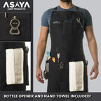 Asaya Chef and BBQ Apron with Bottle Opener and Hand Towel - 10oz Cotton Canvas, Stainless Steel Hardware - Cross Back Straps