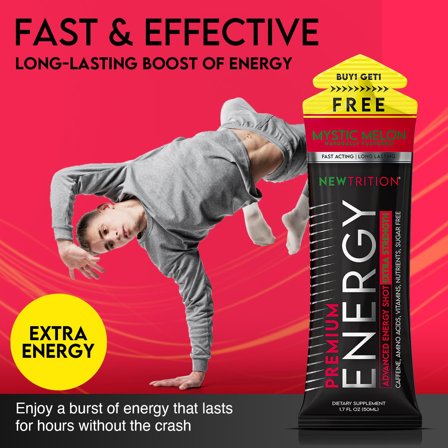 NewTrition® Extra Strength Energy Shots, 250mg Caffeine Energy Shots with Vitamin B & Amino Acids, Sugar-Free Vitamin Energy Shot, 1.7 fl oz (Pack of 24, Mystic Melon)