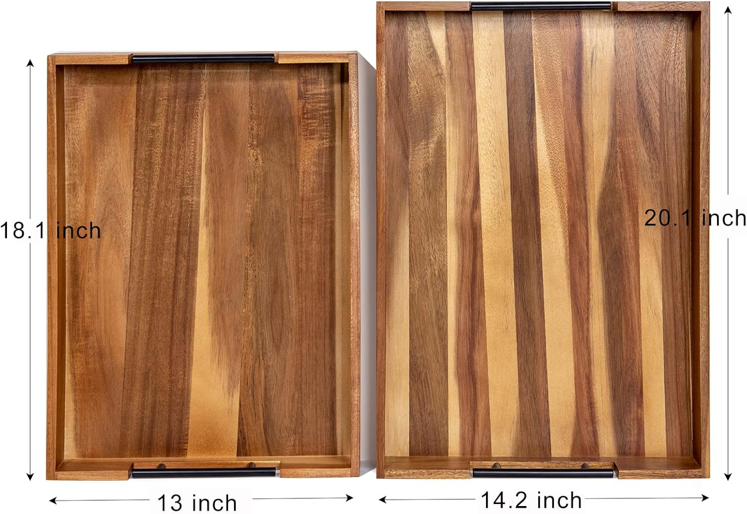 Extra-Large Wooden Tray Set of 2, (20.1'' + 18.1'') Serving Tray with Metal Handles, Rectangle Rustic Serving Trays for Breakfast, Used in Kitchen Counter, Coffee Table, Bedroom, Living Room