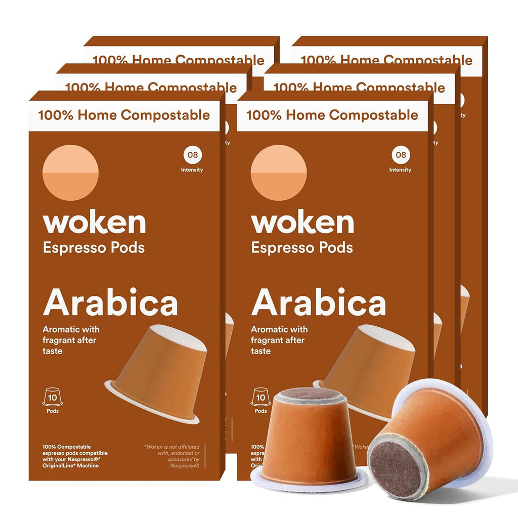 WOKEN COFFEE Compostable Nespresso Pods - Arabica Medium Roast Italian Espresso Coffee Capsules Compatible With Nespresso Coffee Machine (60 Pod Count, 6 Boxes)