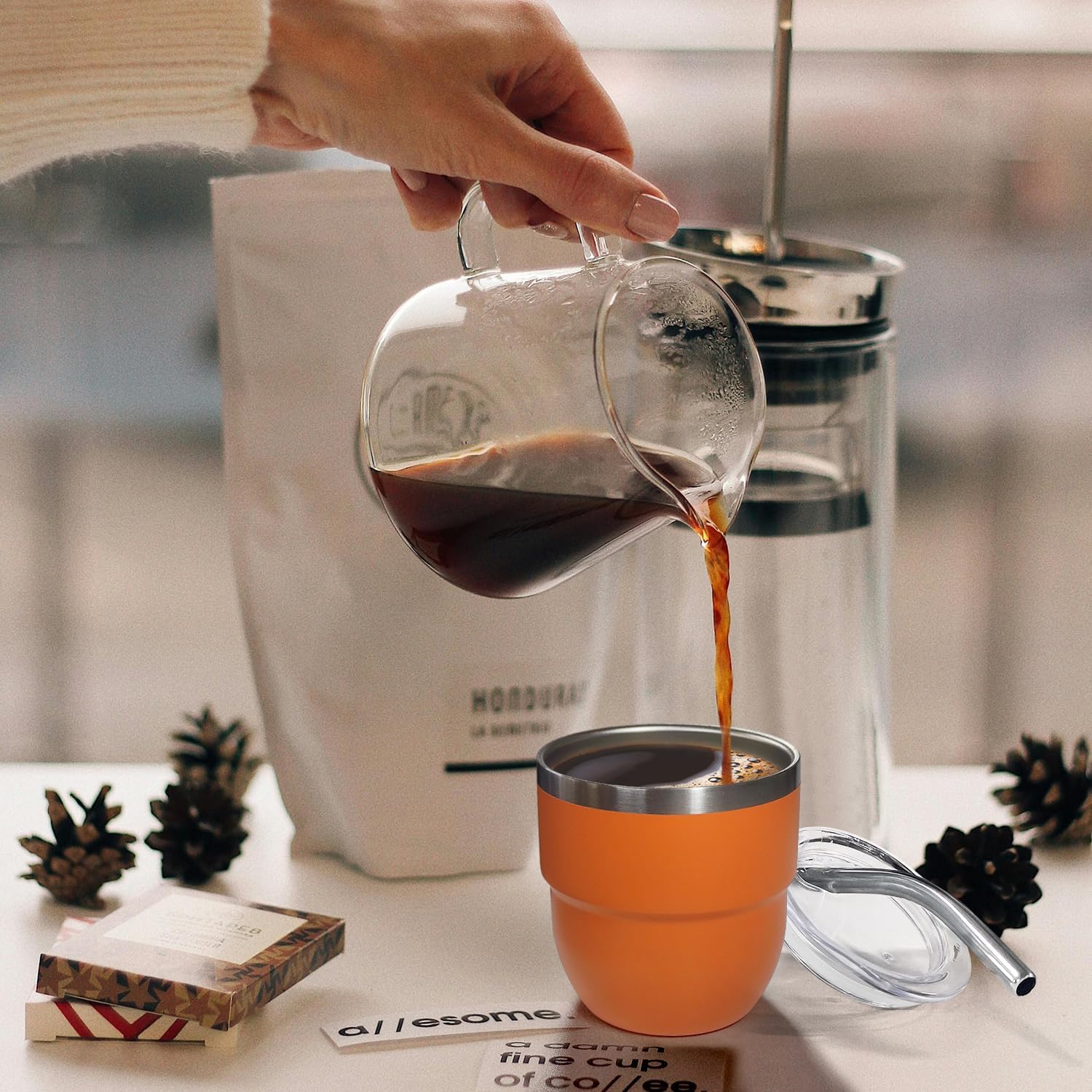 4oz Stackable Cup, Vacuum Insulated Espresso Cup Set of 2, Espresso Shot Glass for Coffee, Double Wall Stainless Steel Mini Tumbler Shot Glasses with Straw and Lid (A-orange2P, 4oz)