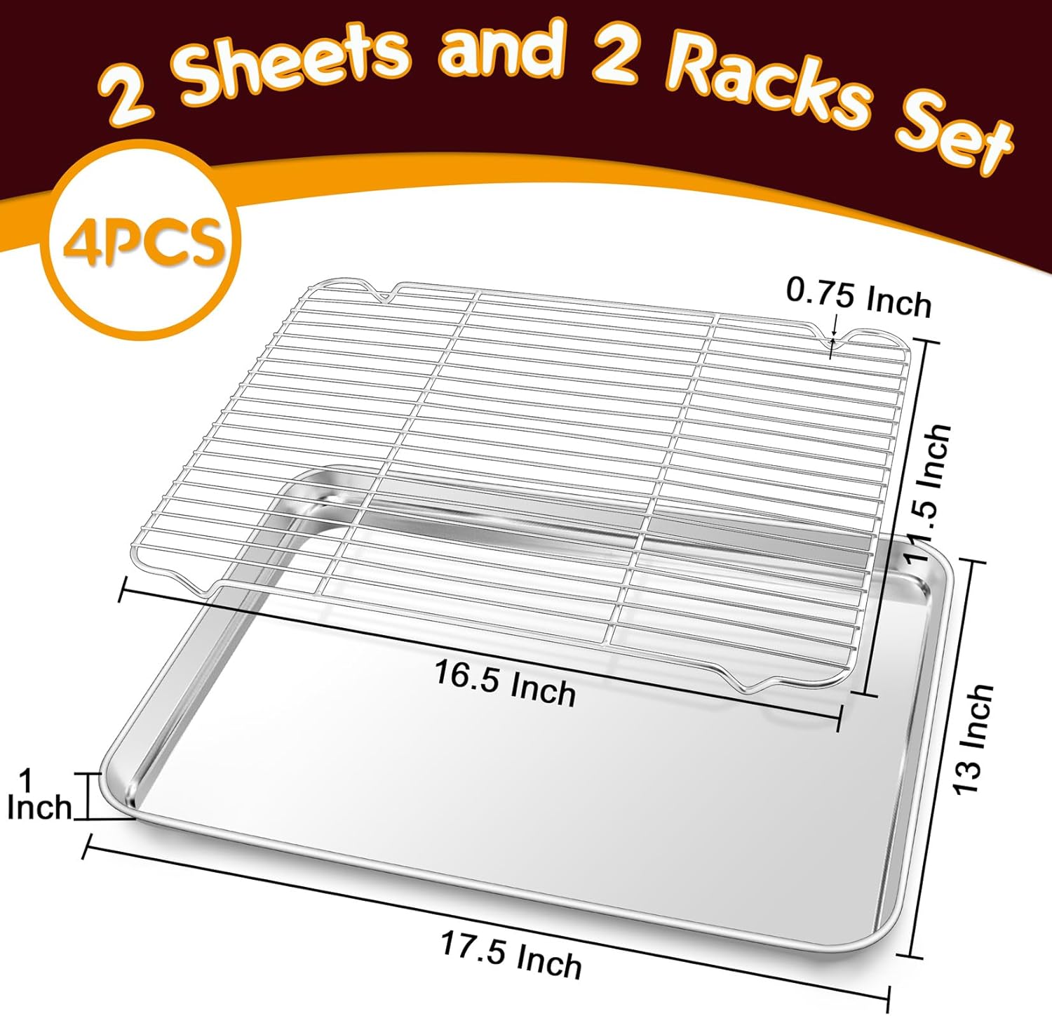 P&P CHEF 17.5 Inch Stainless Steel Baking Sheet with Rack Set (2 Pans+ 2 Racks), Cookie Sheets Baking Trays and Cooling Wire Racks, Oven & Dishwasher Safe, Pans with Flat Racks