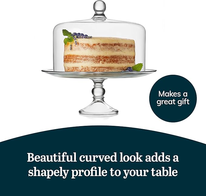 Libbey Selene Glass Cake Stand with Dome Lid, Elegant Curved Footed, Covered Cake Stand, Versatile Serving Dish for Variety of Desserts and More