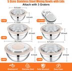 E-far Mixing Bowls Set of 5, Stainless Steel Salad Mixing Bowl with Transparent Lid, Metal Nesting Bowl Attach with 3 Graters for Kitchen Prepping/Serving/Baking/Storage, 4.6/2.6/1.5/1/0.7 QT - Khaki