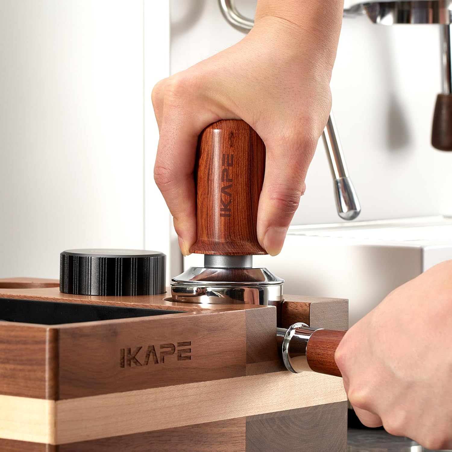IKAPE 51mm Espresso Coffee Tamper, Spring-loaded Calibrated Tamper with Premium Stainless Steel, Walnut Wooden-Handle Tamper Compatible with All 51mm Espresso Machine Bottomless Portafilter