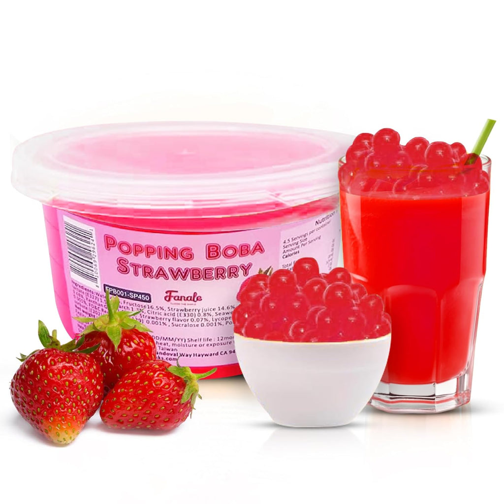 Fanale Strawberry Popping Boba Pearls, Vegan, Non GMO, Gluten Free, Fat Free, Perfect for Bubble Tea, Smoothies, Ice Cream, Desserts, and Beverages.