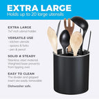 Rotating Extra Large Stainless Steel Utensil Holder Caddy with Sturdy No-Tip Weighted Base, Removable Divider, and Gripped Insert Bottom -Dishwasher Safe Metal Cooking Utensil Holder (Black)