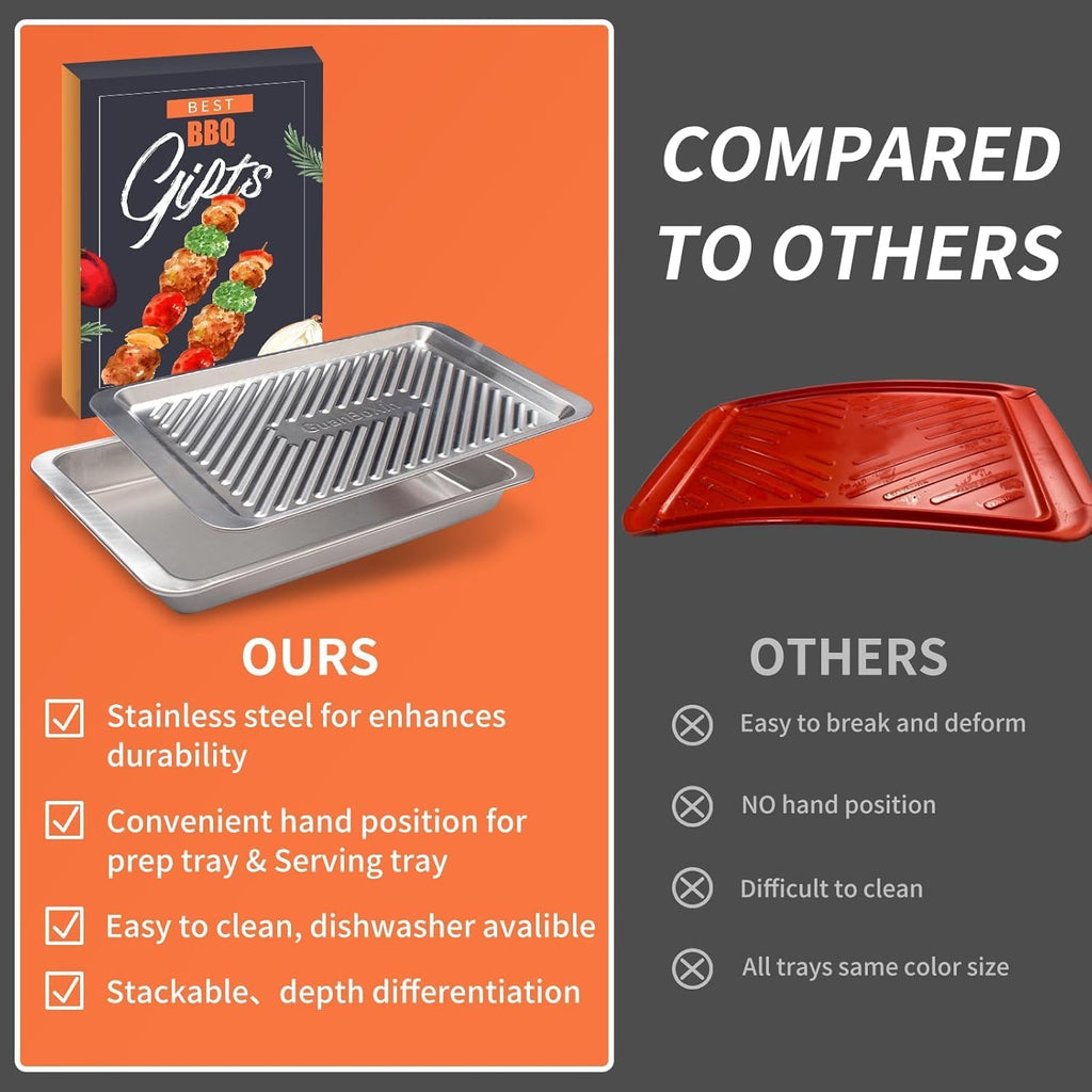 Grilling Prep and Serve Trays, Set of 2 Stackable Stainless Steel BBQ Trays Marinating Tray Serving Platter for Plating Food BBQ Prep Tub for Marinating Meats, Grill Accessories