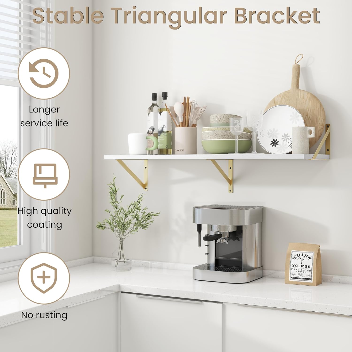 Dreamland White and Gold Shelves,36 inch Shelf, Large Floating Shelf 12 inch Deep Set of 2 for Bookshelf Living Room Bedroom Home Office Bathroom