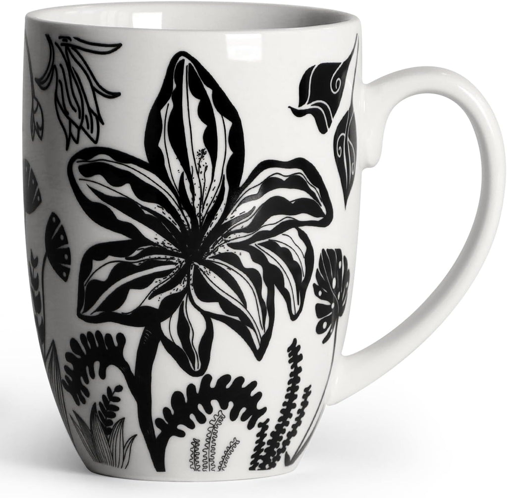 16oz Black and White Boho Floral Mug - Unique Coffee Mugs and Tea Cup, Novelty Ceramic Cups Gifts for Women and Men.