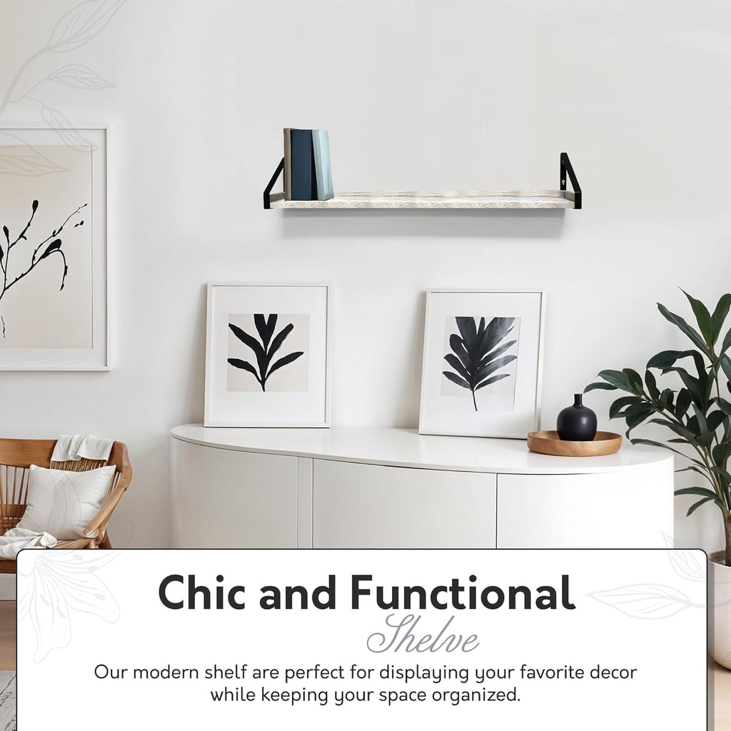 InPlace Wall Mounted Shelf, 36" x5" x 6.1", Rustic Real Wood Bracket Ledge, Distressed White Finish, Heavy-Duty Floating Shelf for Living Room, Bathroom, or Kitchen 9602098E