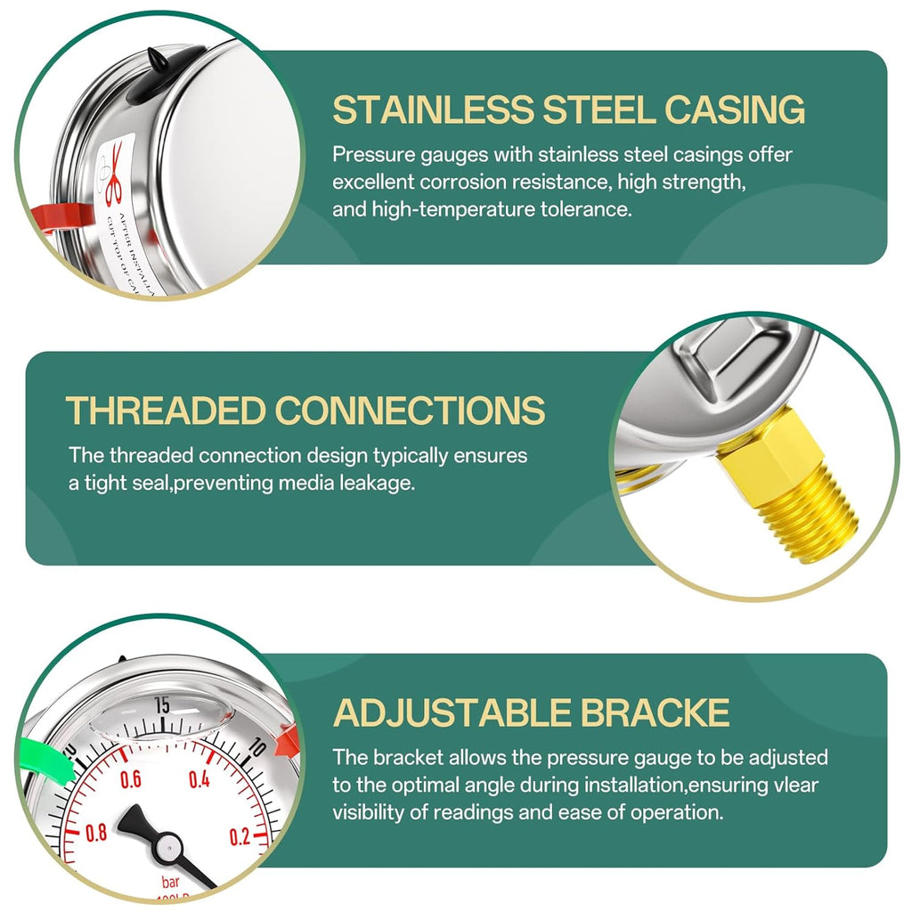 -30inHG-0psi Stainless Steel Glycerin Liquid Filled Vacuum Pressure Gauge 1/4" NPT 2.5" Face Dial Center Lower Mount, for Water, Oil and Air Pressure Testing (with Range Mark Pointer)