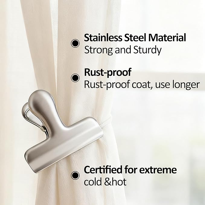 6 Pack Heavy-Duty Stainless Steel Chip Clips，3" Wide Air Tight Bag Clips for Food，Air Tight Seal Food Bag for Kitchen & Home (Silver Finish)