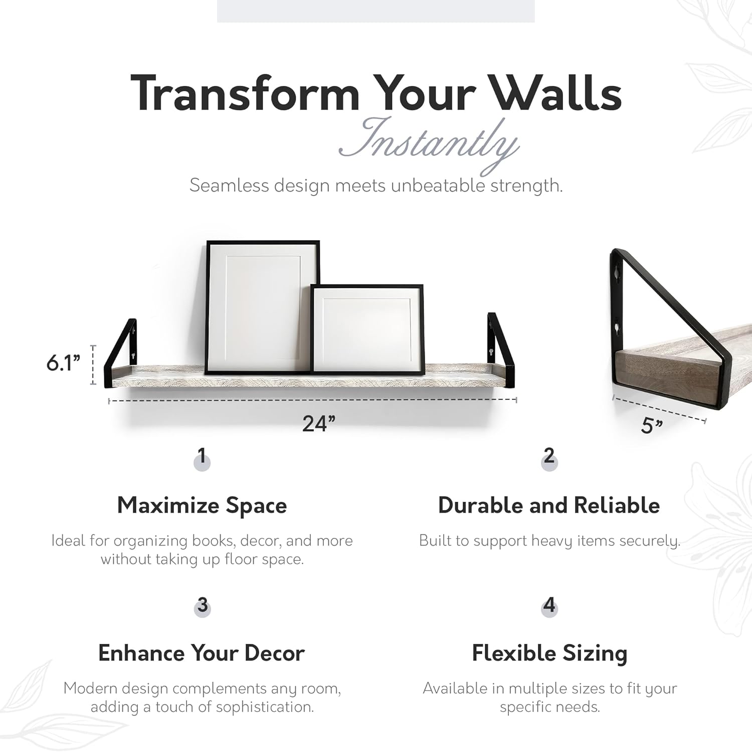 InPlace Shelving, 9602096E, Wall Mounted Real Wood Rustic Bracket Ledge, 24 Inch x 5 Inch x 6.1 Inch, Distressed White