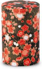 NOREN Japanese Tea Canister Tin (Yuzen Washi Paper), 3.5oz Size Made in JAPAN with Includes Inner Lid of Airtight Damp-Proof/Kitchen Jar for Loose Leaf Coffee Tea Spice and More (Plum/Black)
