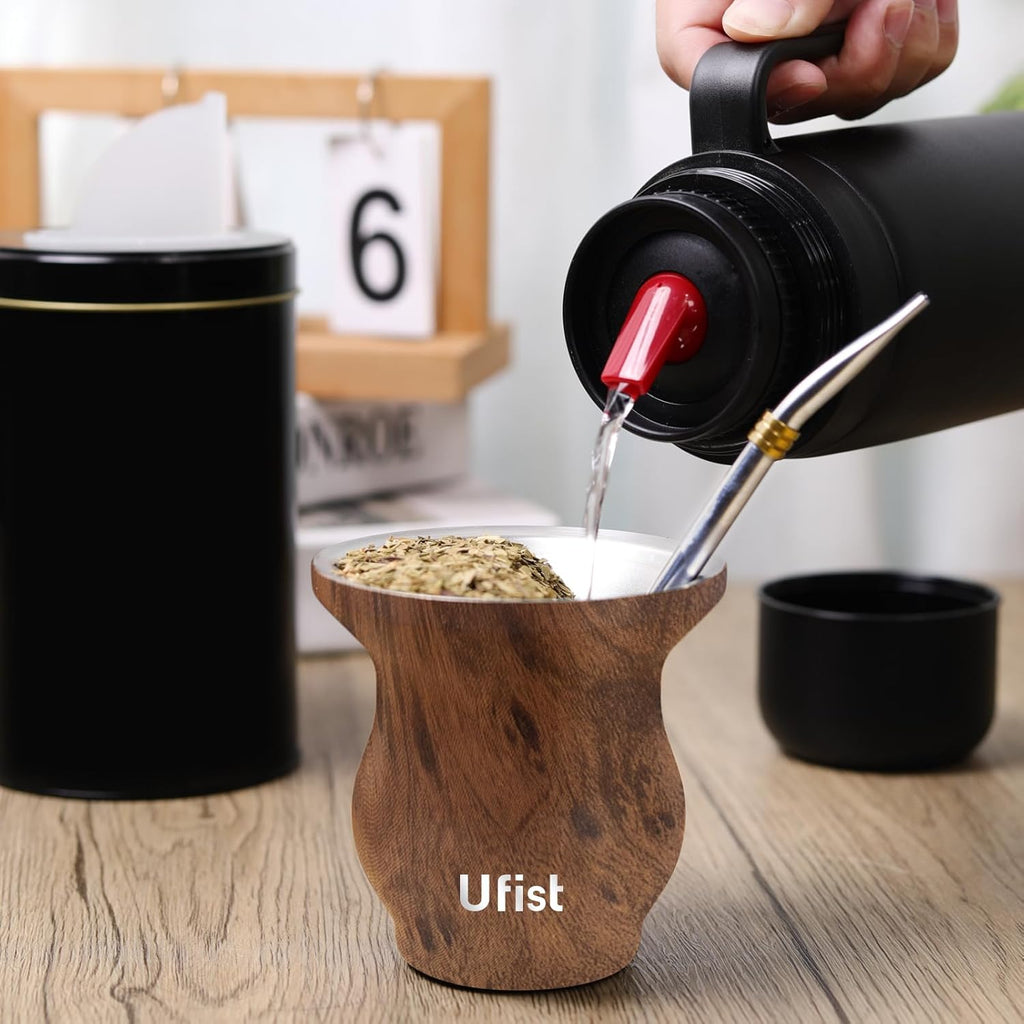 Yerba Mate Cup Set, Include Stainless Steel Double-Wall Mate Gourd with 2 Bombilla Straws and Cleaning Brush, 7.8oz Capacity (Wood Grain)