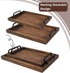 LIBWYS Rustic Wooden Serving Trays with Handle-Set of 2-Decorative Nesting Food Board Platters for Breakfast, Coffee Table/Butler (Large 15.8x11.8x1.2 inches, Small 13.4x9.4 x1.2 inches)