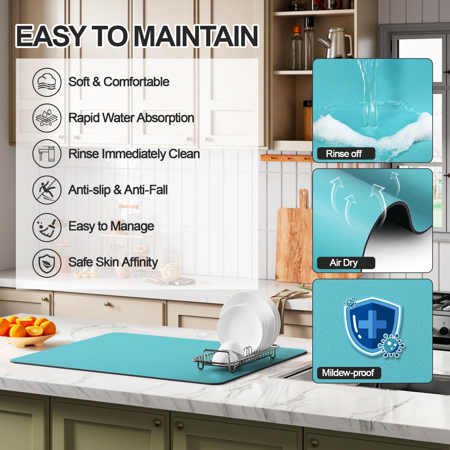 Dish Drying Mat for Kitchen Counter | Coffee Bar Mat for Countertops | Heat Resistant Drainer Mat with Non-slip Rubber Backed | Hide Stain Kitchen Absorbent Draining Mat | Turquoise 18"x24"