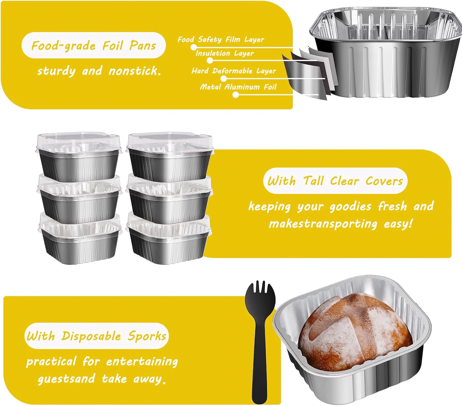 25 Pack Square Mini Cake Pans with Lids,Mini Loaf Pans with Lids,Aluminum Foil Baking Cups,Disposable Ramekins Cupcake Cups,Dessert Cups for Wedding Birthday Party Picnics,5oz (Silver)