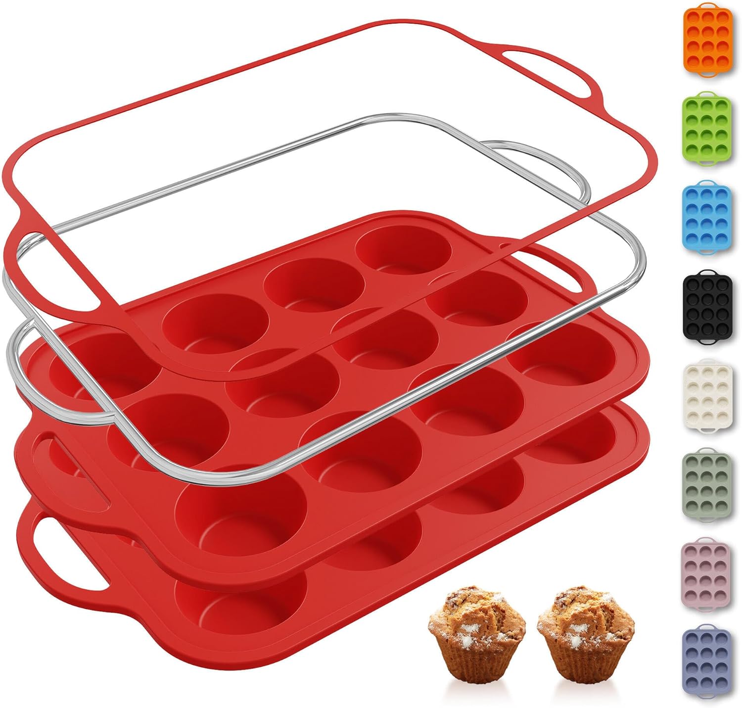 2 Packs 12 Cups Silicone Muffin Pan for Baking with Metal Reinforced Frame Regular Size Cupcake Pan Tray Egg Bites Silicone Cookie Molds Muffin Tin Tart Pans Sheet Set for Oven Dishwasher Safe