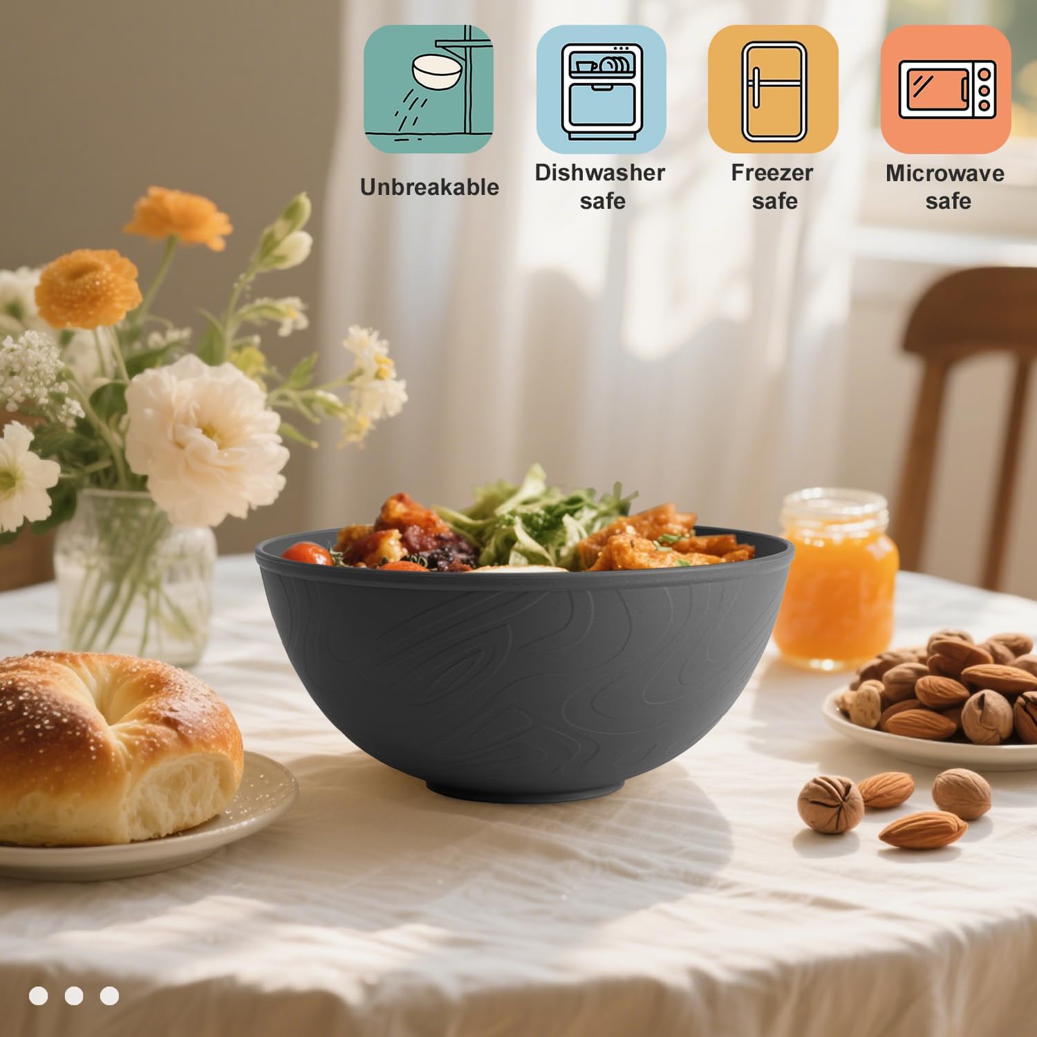 Black Cereal Bowls 40oz for Cereal Lover,Unbreakable Alternative Plastic Bowls Set of 6,Extra Thick Anti-Scald Bowl Sets suitable for Salad,Soup and Fruit.