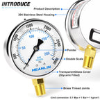MEANLIN MEASURE 0~3000Psi Stainless Steel 1/4" NPT 2.5" FACE DIAL Liquid Filled Pressure Gauge WOG Water Oil Air Lower Mount, with 1/2" NPT and 3/8" NPT Hex Bushing