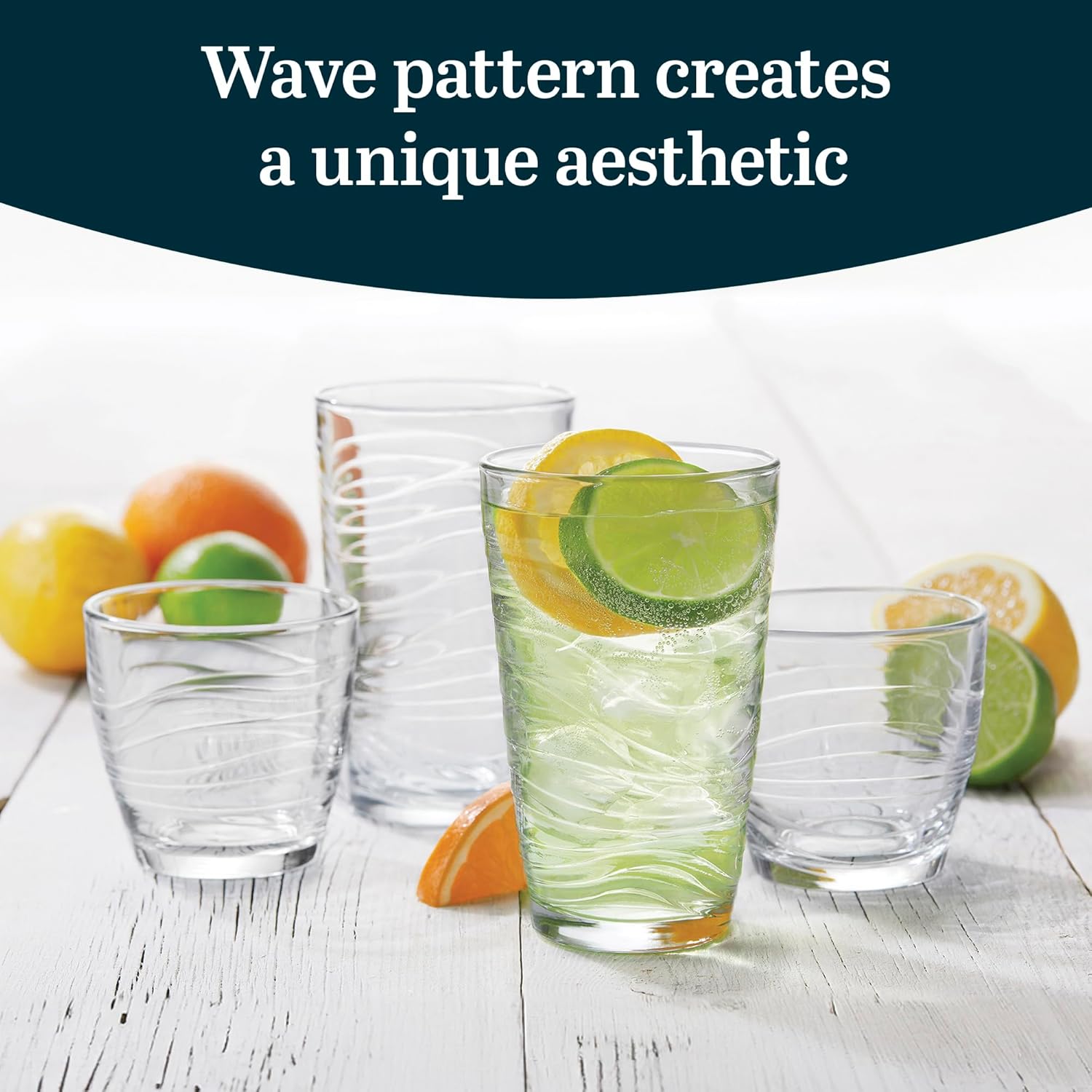 Libbey Orbita Tumbler and Rock Glass Set, Durable, Chip-Resistant Glass Cups Set with Wave Pattern, Glasses Drinking Set of 16 for Any Occasion