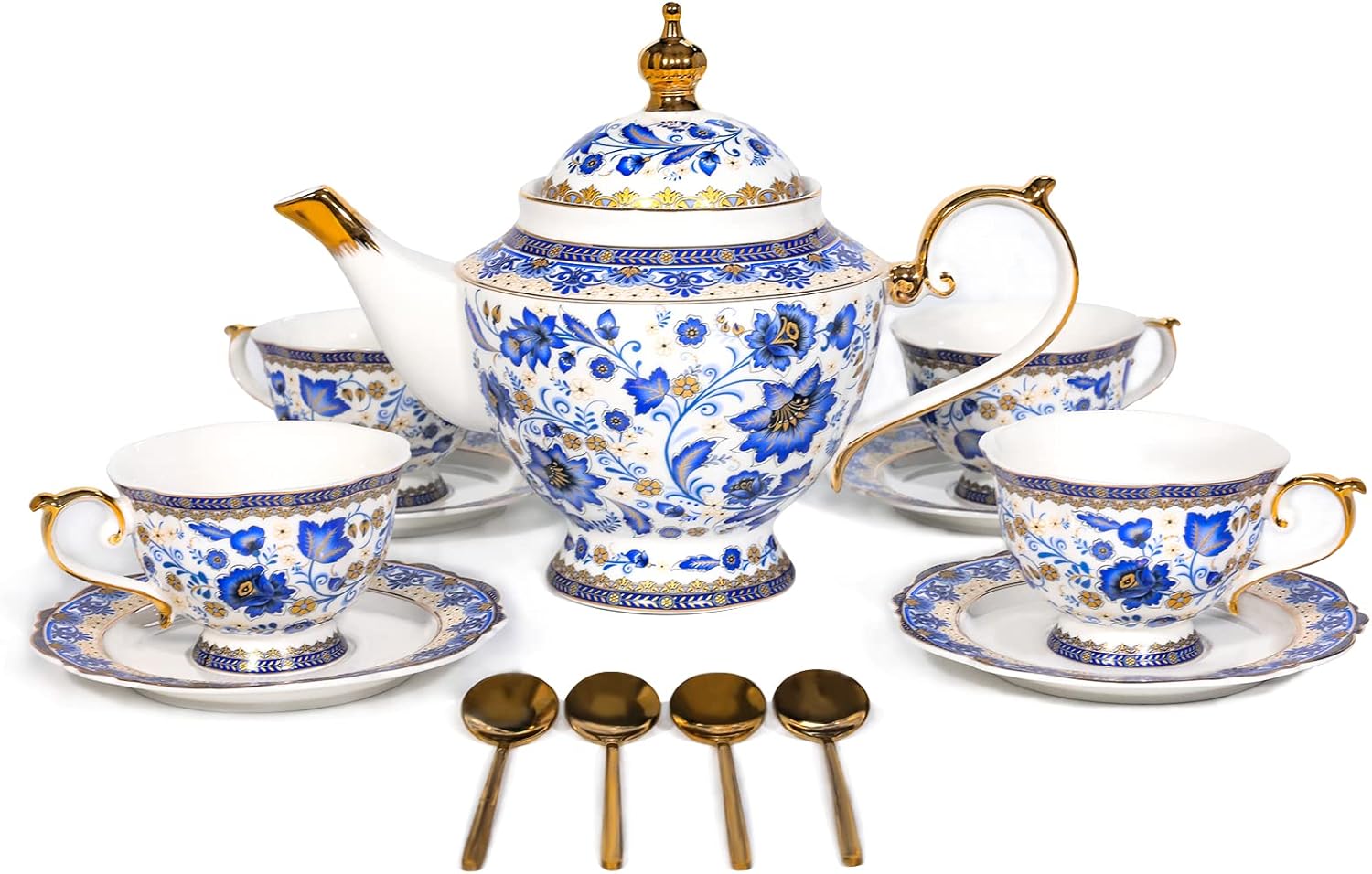 ACMLIFE Bone China Tea Set for Adults, Blue and White Tea Set for 4, Porcelain Vintage Floral China Sets for Women Party with Teapot or Gift Giving (Blue and White)